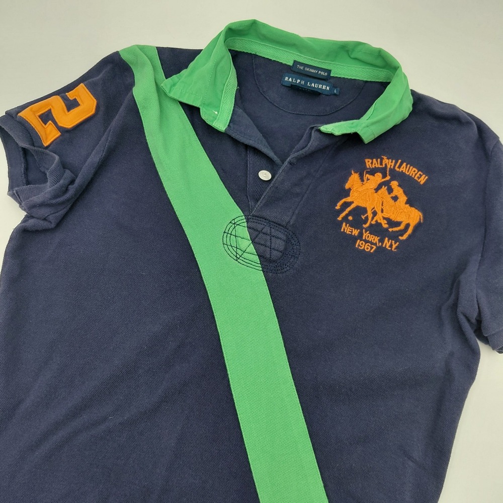 Ralph Lauren Kids L Blue Skinny Polo Shirt Green Sash Big Pony Orange Logo Y2K